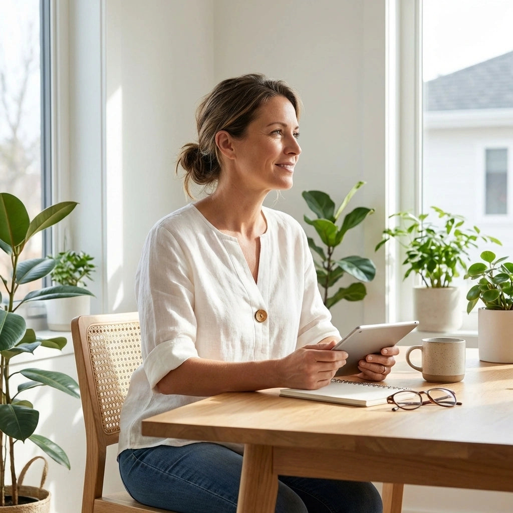 Woman wearing a white Luvana relaxed linen blend blouse with a V-neck and single-button detail, sitting at a table with a tablet.