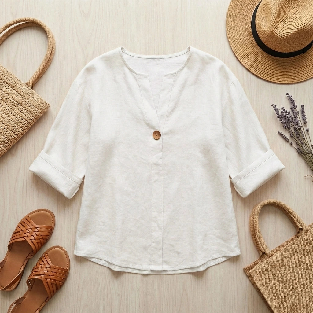 Luvana white linen blend blouse with V-neck, styled in a summer flat-lay with a straw hat, bag, and sandals on a wooden surface.