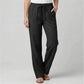 Luvana women's black linen blend trousers with elastic drawstring waist and straight-leg fit, shown from the front.