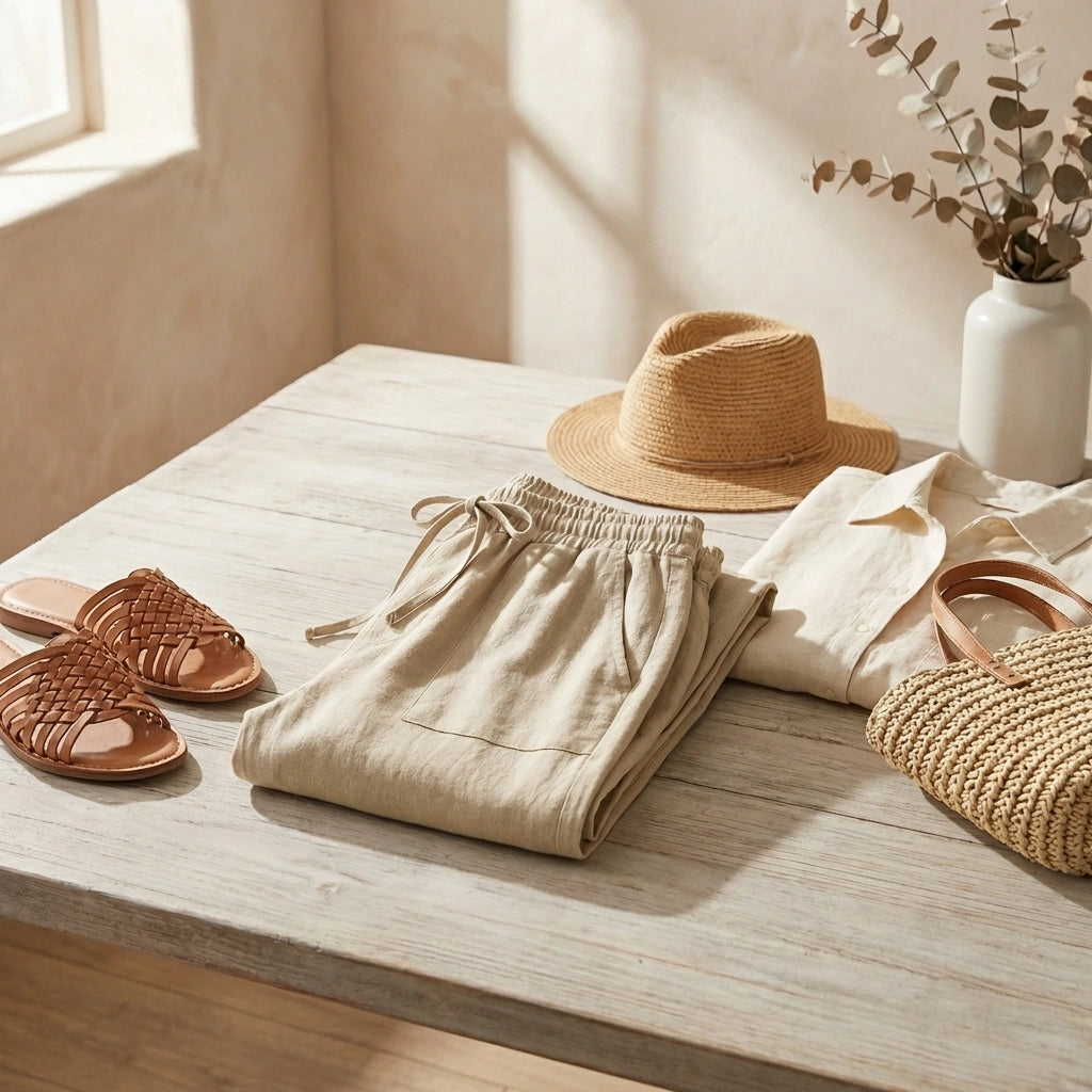 Luvana linen blend trousers in desert sand with elastic waist, styled in a summer lifestyle flat-lay with hat and sandals.