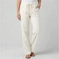 Luvana linen blend trousers for women in desert sand, featuring a comfortable elastic waist with drawstring and a relaxed straight-leg fit.