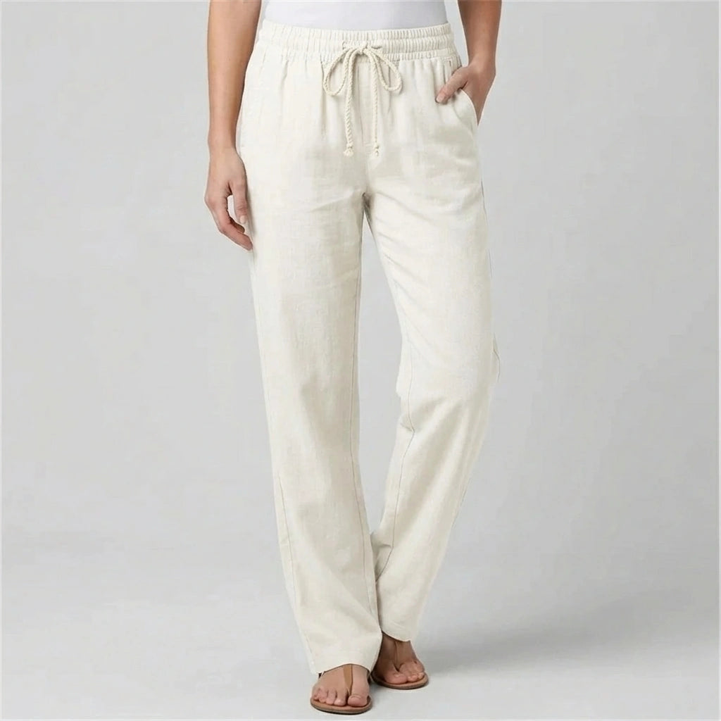 Luvana linen blend trousers for women in desert sand, featuring a comfortable elastic waist with drawstring and a relaxed straight-leg fit.