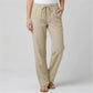 Luvana linen blend trousers for women in desert sand color with elastic drawstring waist and straight-leg fit, front view.