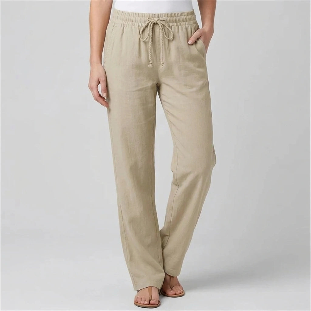 Luvana linen blend trousers for women in desert sand color with elastic drawstring waist and straight-leg fit, front view.