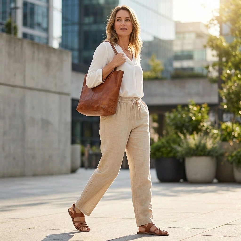 Luvana linen blend trousers in desert sand with elastic waist worn by a woman walking in a city, showing a relaxed straight-leg fit.