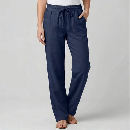 Luvana navy blue linen blend trousers for women with elastic drawstring waist and relaxed straight-leg fit, shown from the front.