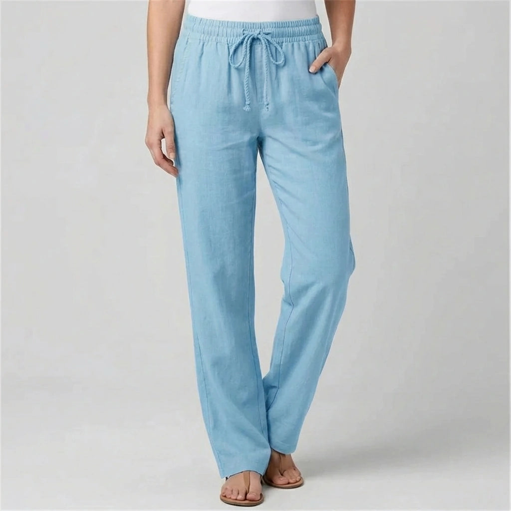 Luvana linen blend trousers in sky blue for women, featuring a relaxed straight-leg fit and comfortable elastic drawstring waist.
