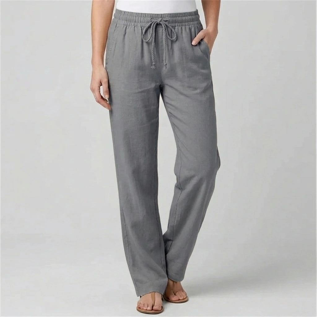 Luvana linen blend trousers in slate grey with an elastic drawstring waist and relaxed straight-leg fit, shown from the front.