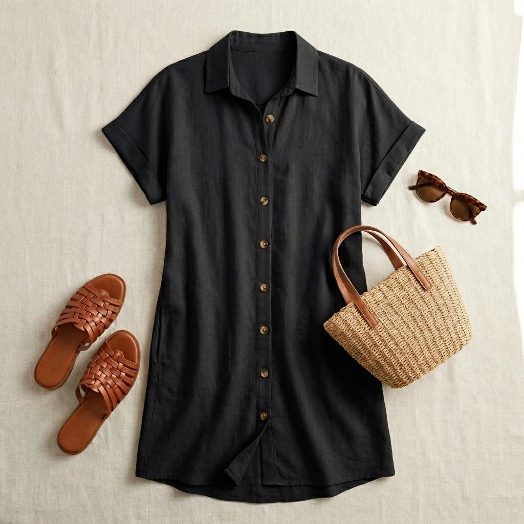 Luvara black linen-blend shirt dress with tortoiseshell buttons, styled in a flat-lay with woven sandals, straw bag, and sunglasses.