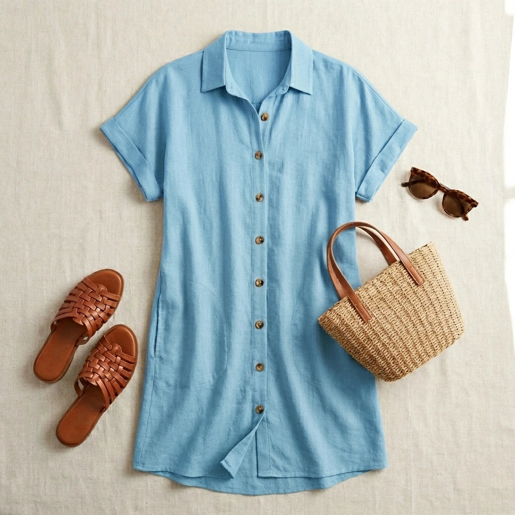 Luvara light blue linen-blend mini shirt dress with tortoiseshell buttons and pockets, displayed in a flat-lay with summer accessories.