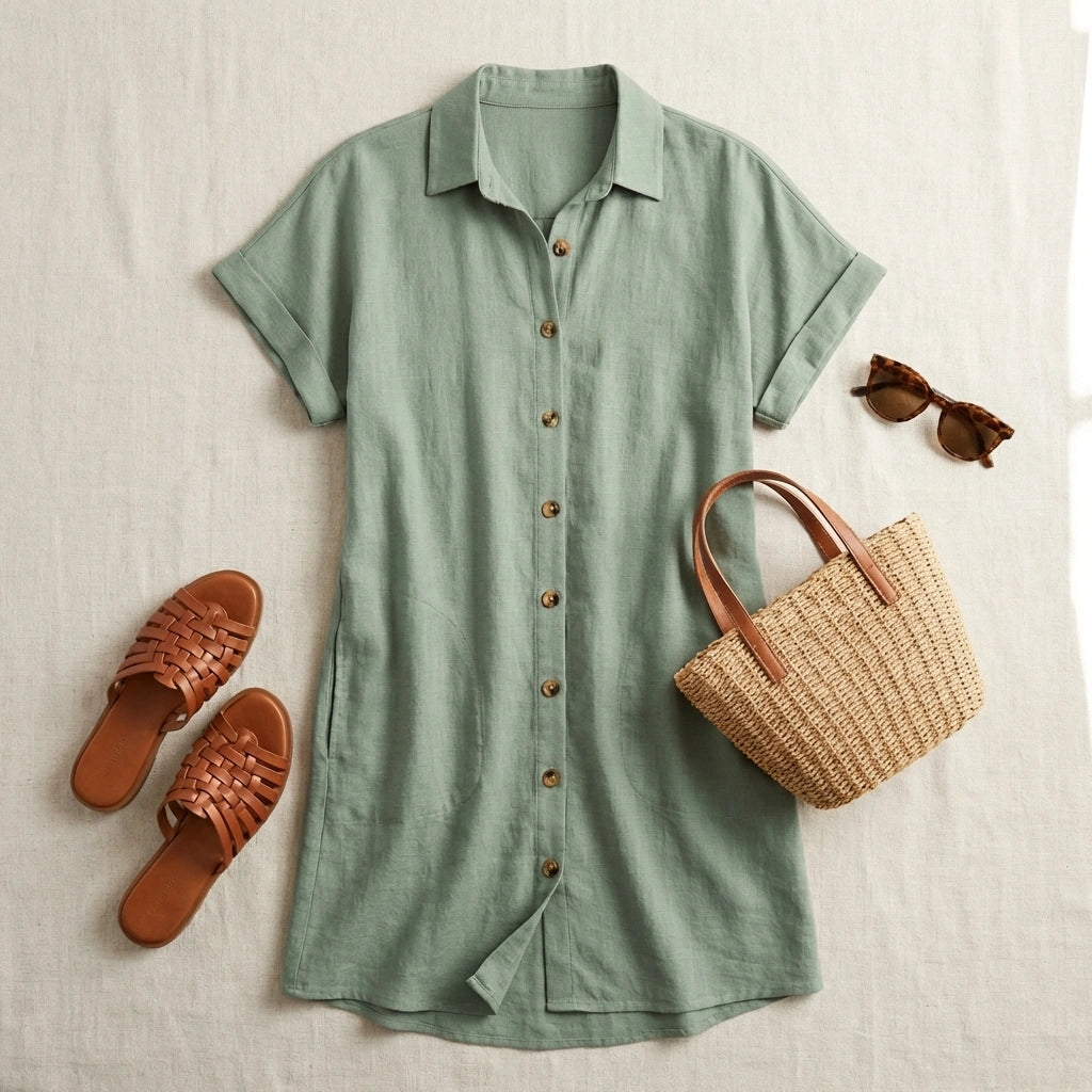 Luvara sage green linen-blend mini shirt dress in a flat-lay with woven sandals, straw bag, and sunglasses.