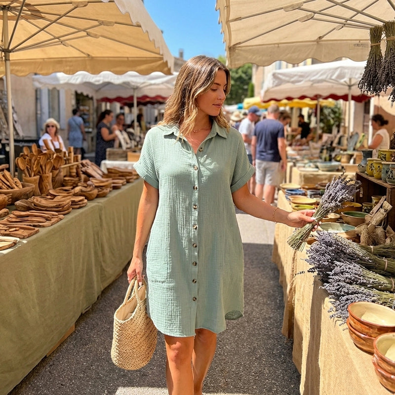 Luvara sage green linen blend shirt dress with tortoiseshell buttons and pockets, worn by a woman at an outdoor summer market.