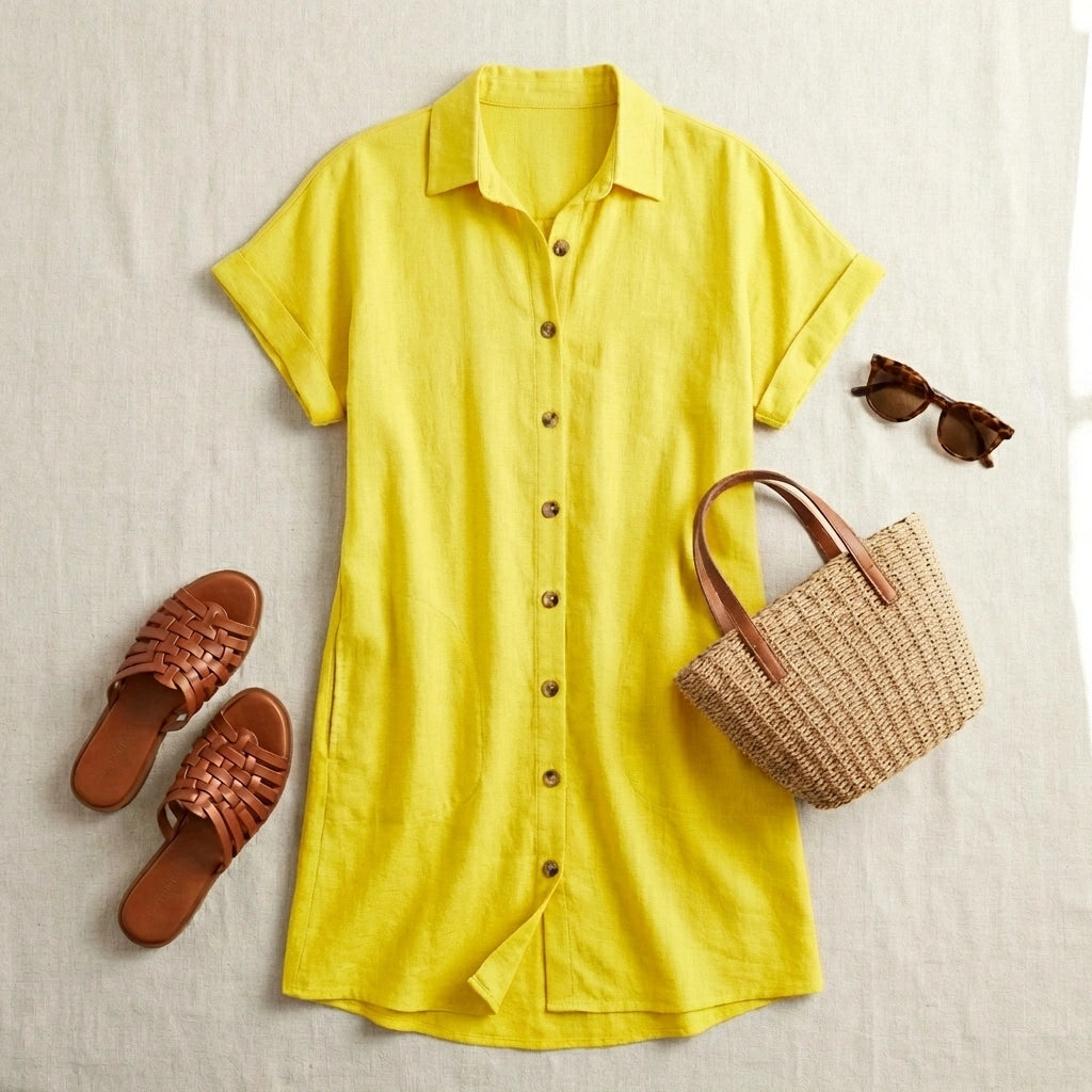 Luvara yellow linen-blend mini shirt dress with tortoiseshell buttons, styled in a flat-lay with sandals, straw bag, and sunglasses.