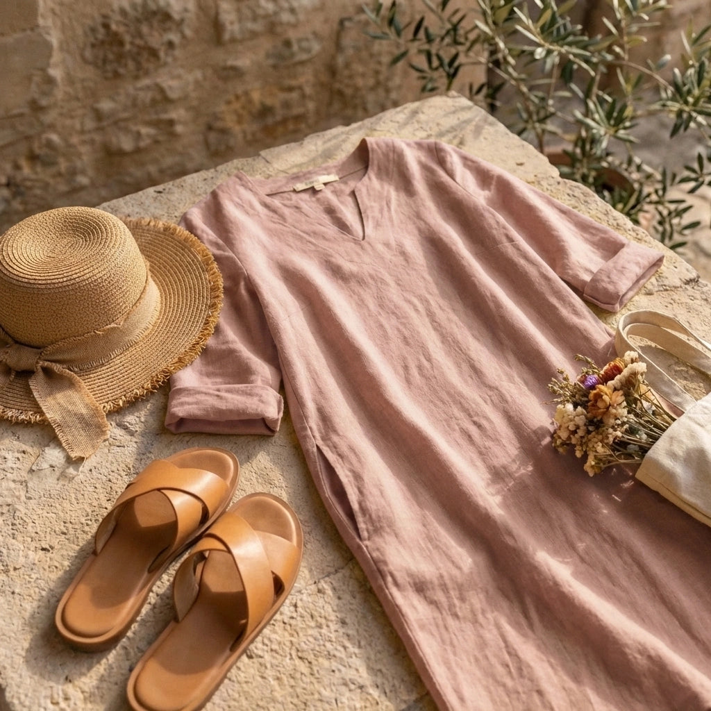 Luvara linen-look V-neck dress in dusty rose, laid flat on stone with a straw hat and dried flowers for a summer coastal aesthetic.