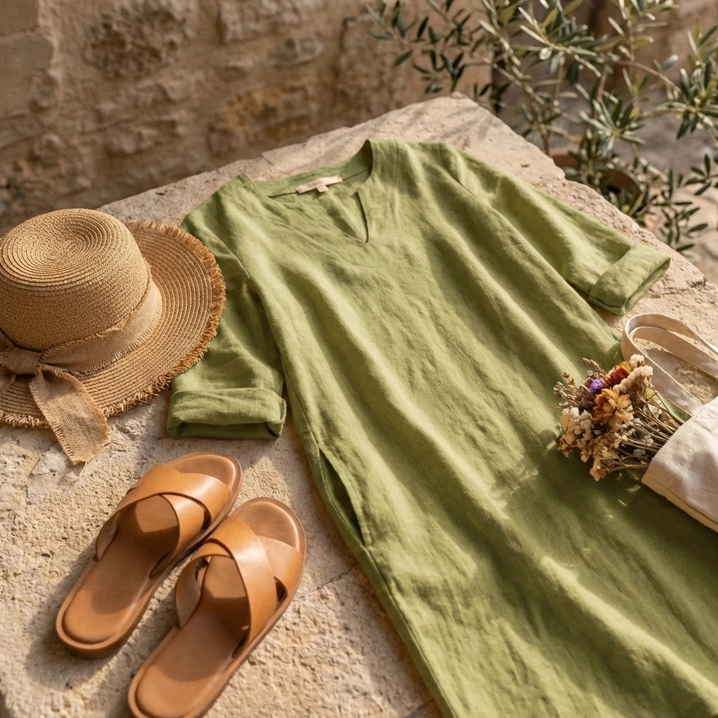 Luvara sage green linen-look V-neck dress with side pockets, styled with a straw hat and leather sandals on a rustic stone surface.