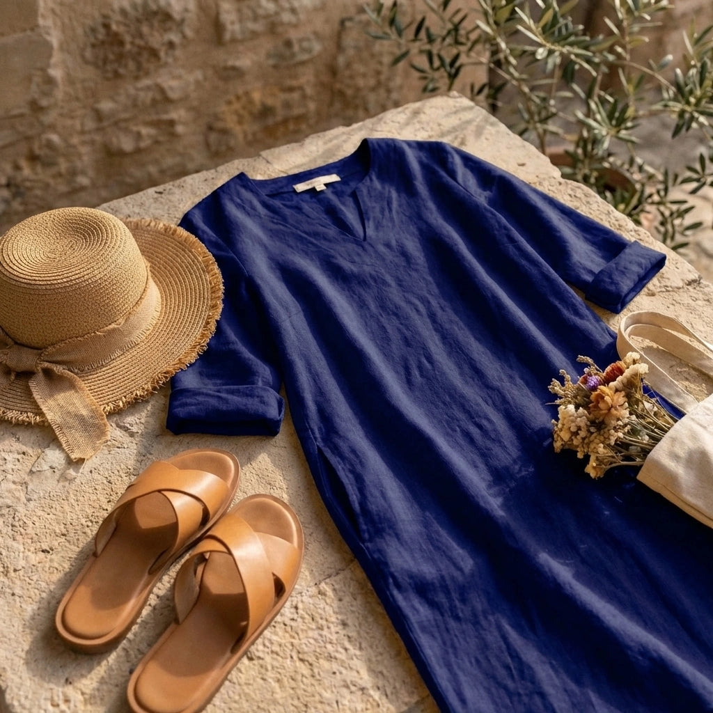 Luvara linen-look v-neck dress in deep blue, styled with a straw hat and dried flowers on a rustic stone surface for a summer look.