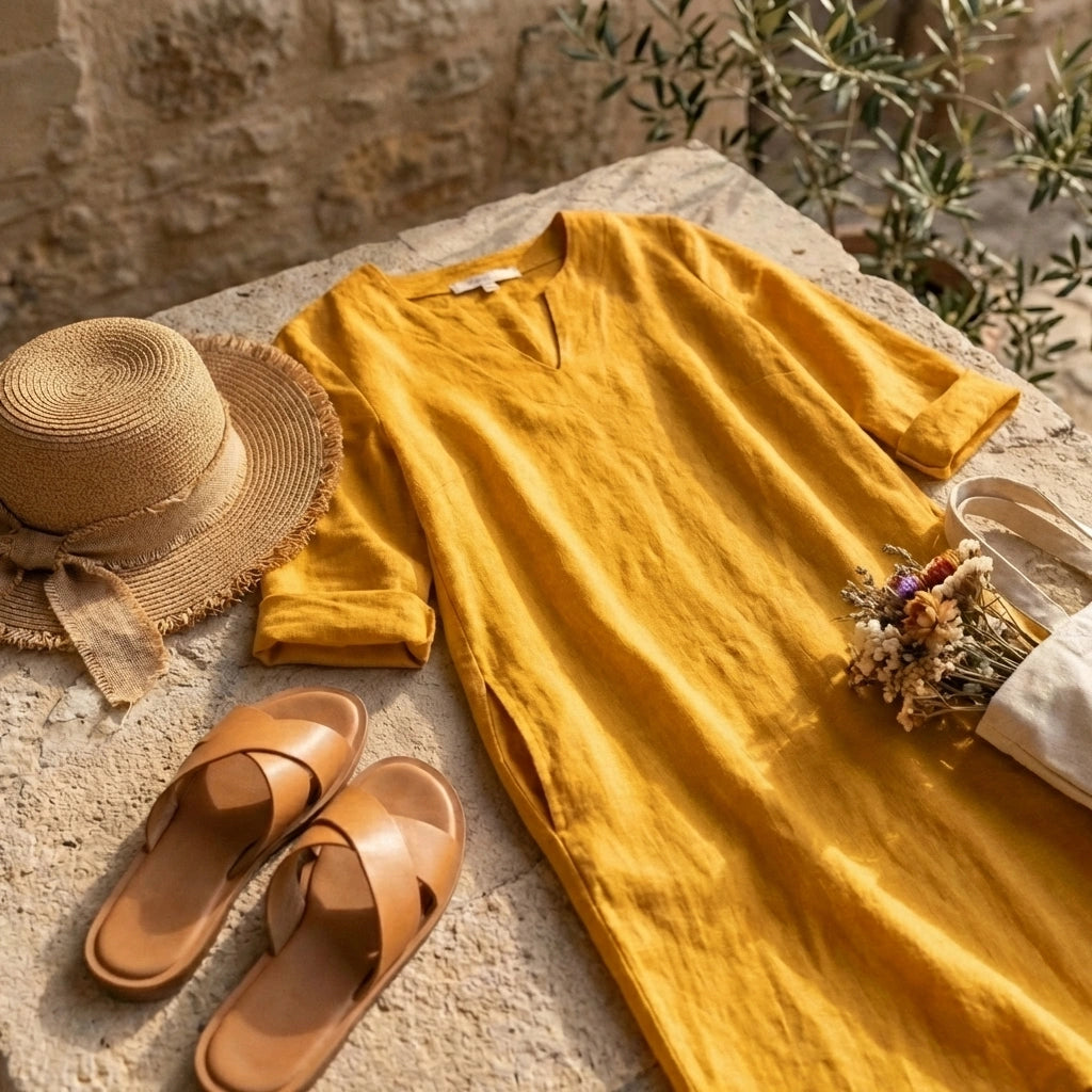 Luvara linen-look v-neck dress in golden ochre, displayed flat with a straw hat and dried flowers on a rustic stone surface.