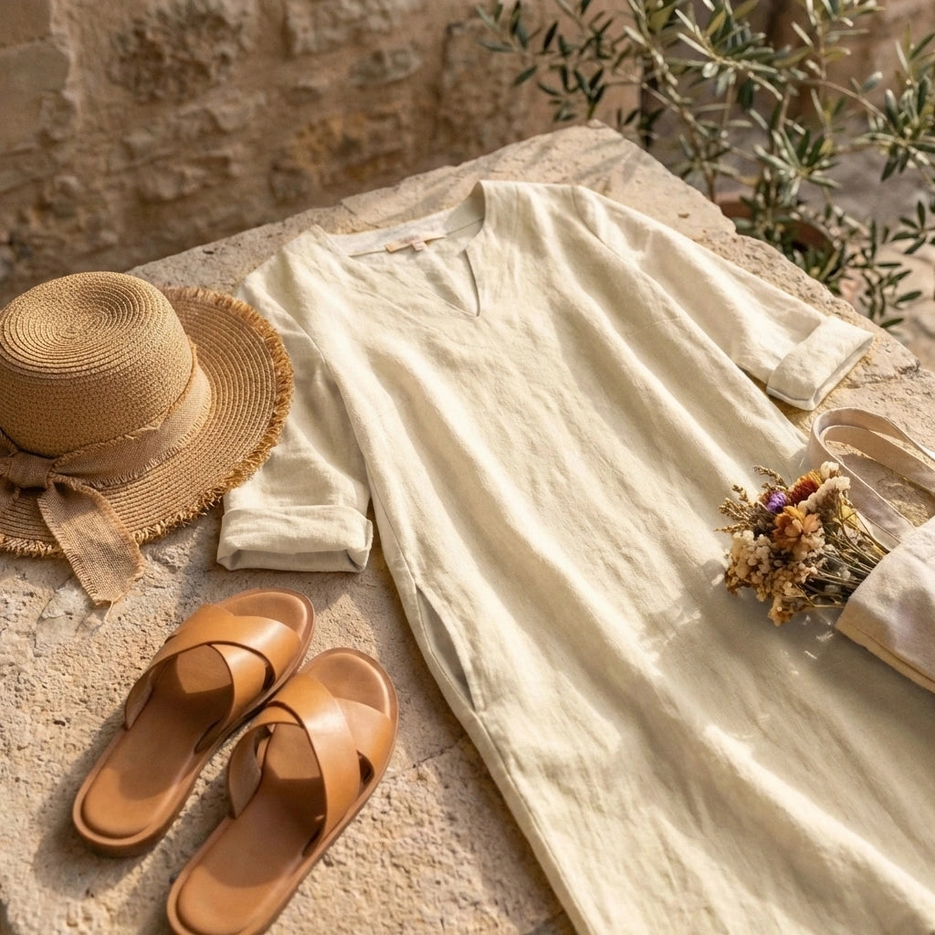 Luvara linen-look V-neck dress in beige styled with a straw hat and leather sandals on a stone surface.