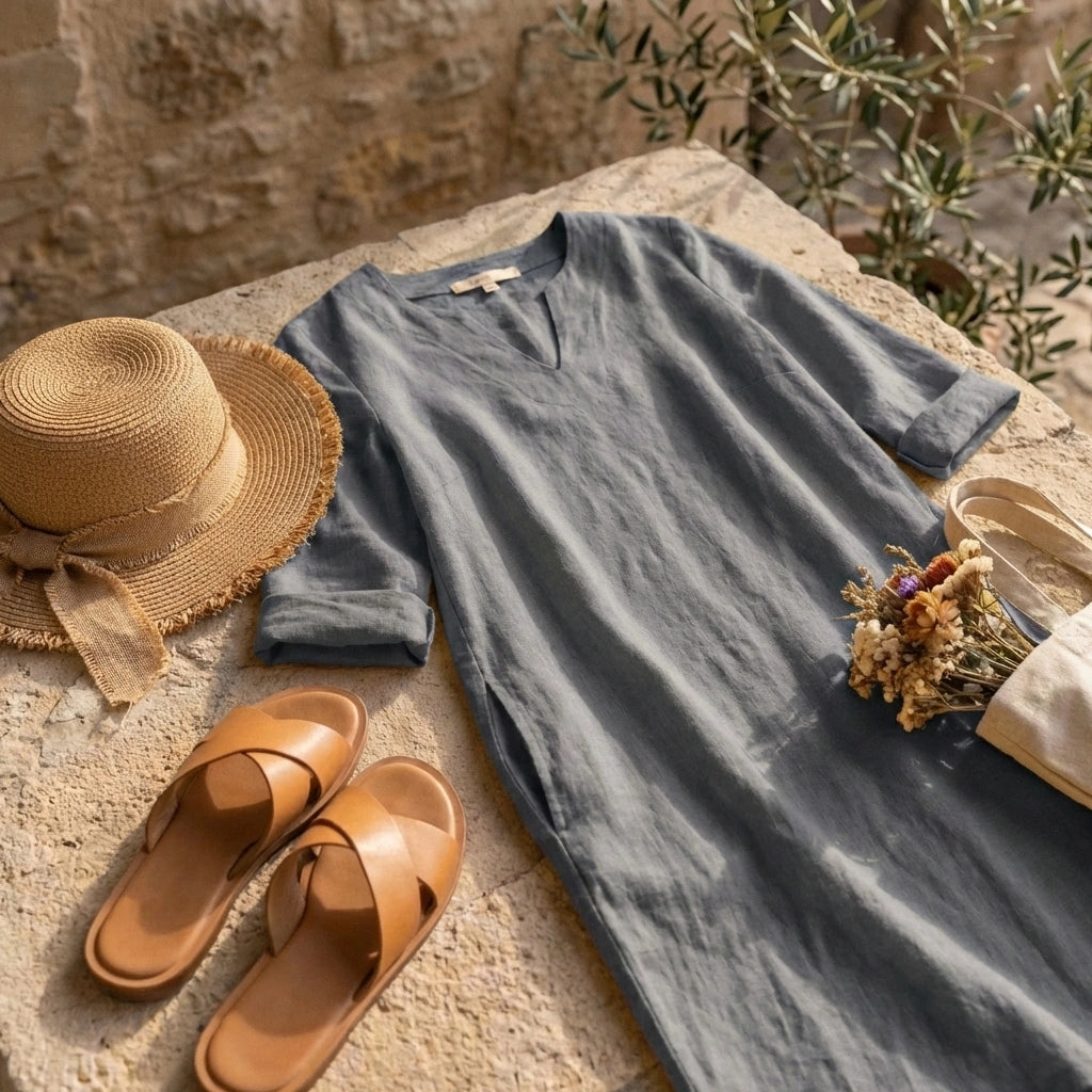 Luvara slate grey linen-look V-neck dress laid flat with a straw hat and tan sandals, evoking a casual summer vacation style.