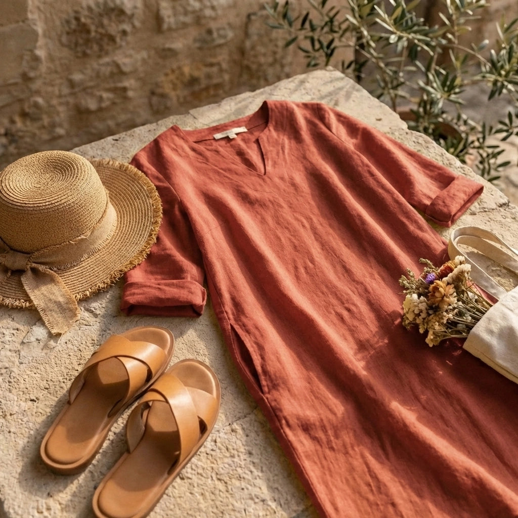 Luvara linen-look V-neck dress in burnt terracotta, styled as a flat-lay with a straw hat and leather sandals on a stone surface.