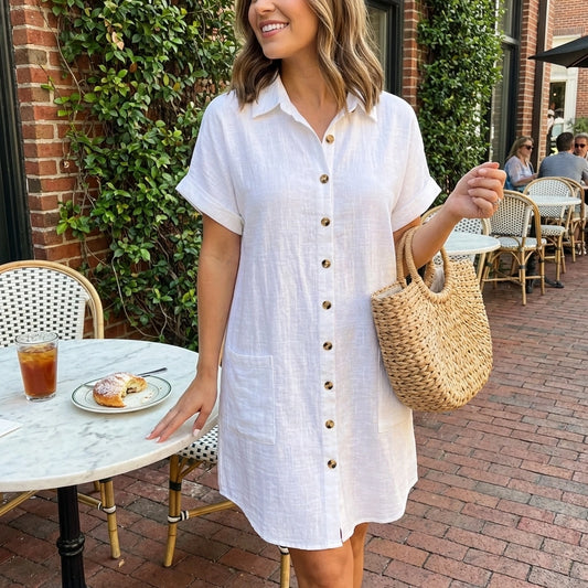 Luvara white linen shirt dress for women, mini length with tortoiseshell buttons and cuffed sleeves, worn in an outdoor cafe setting.