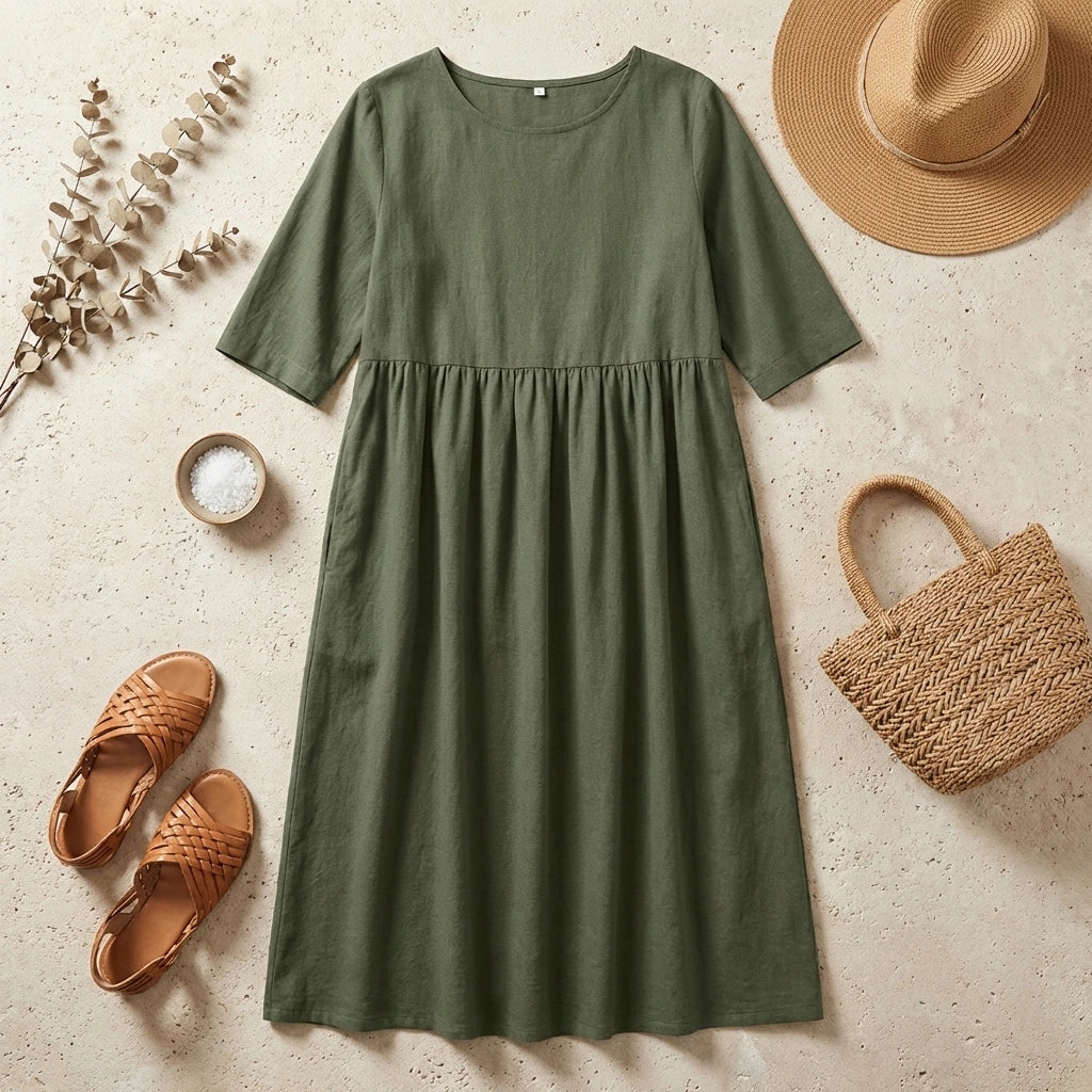 Cotton Linen Midi Dress Relaxed Fit Breathable