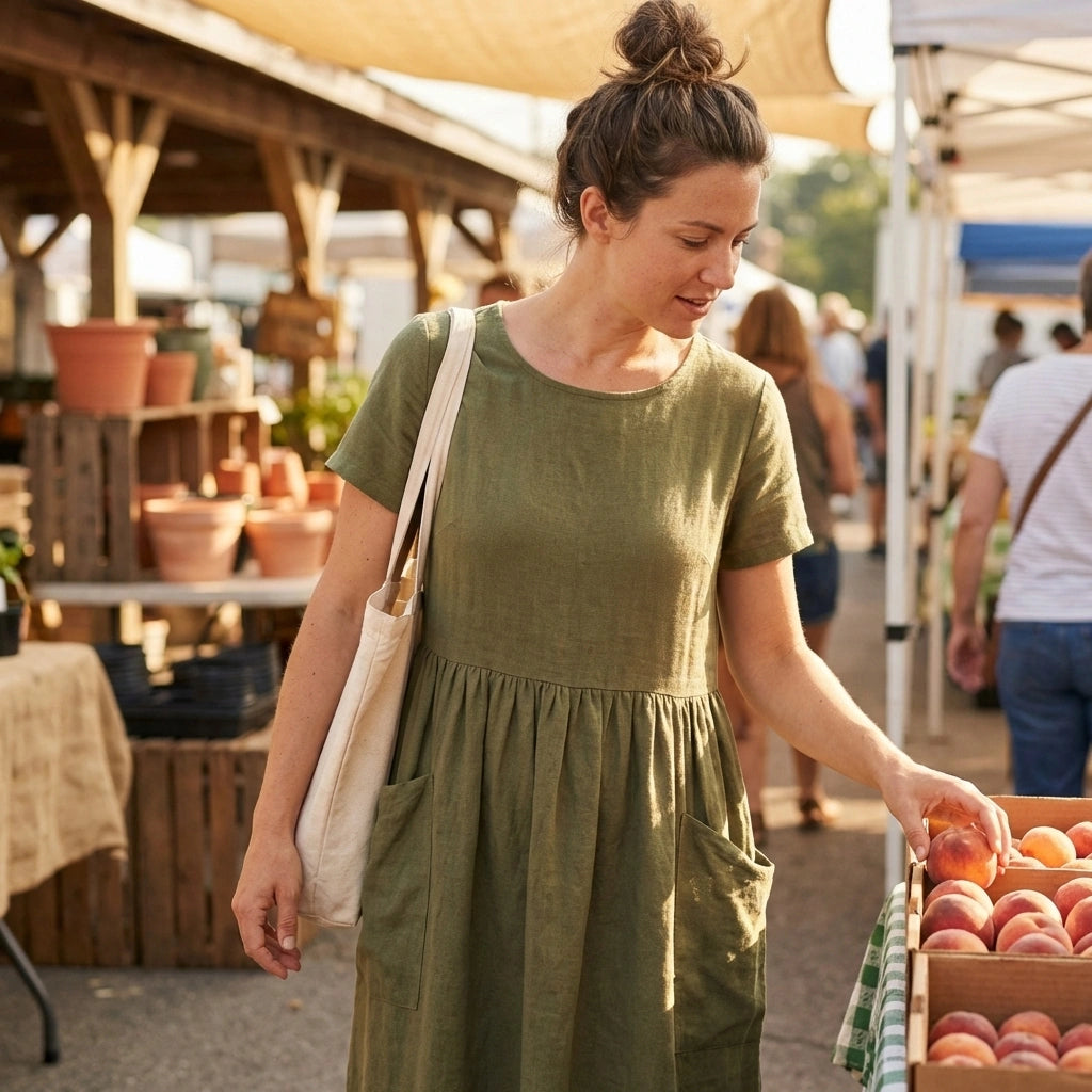 Luvia olive green cotton linen midi dress with pockets worn by a woman at an outdoor market, showing the relaxed fit and natural texture.