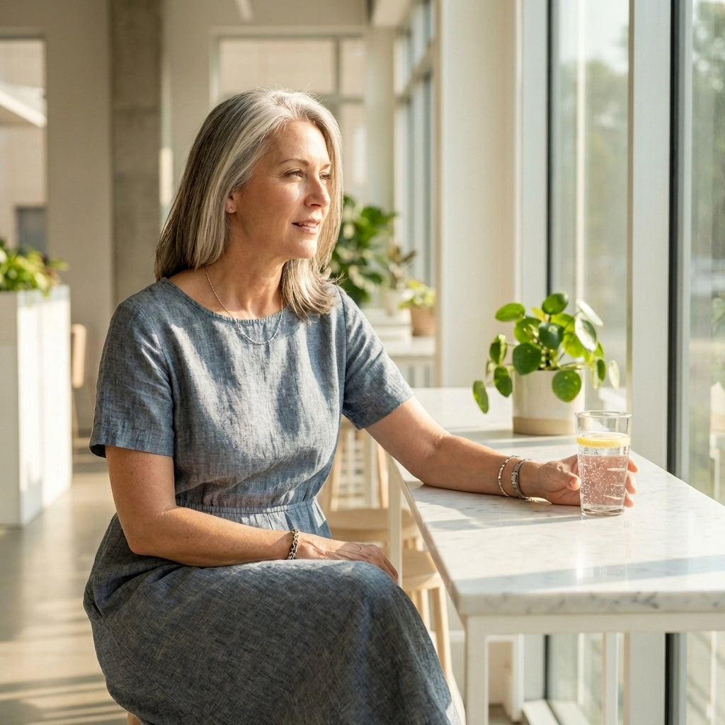 Luvia cotton linen midi dress in relaxed fit worn by a woman sitting by a window, showcasing the breathable fabric and comfortable silhouette.