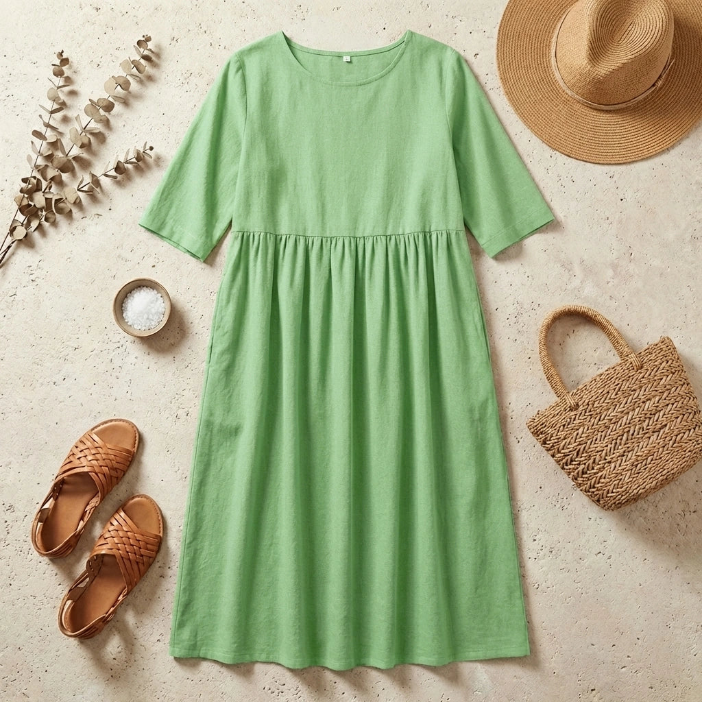 Cotton Linen Midi Dress Relaxed Fit Breathable