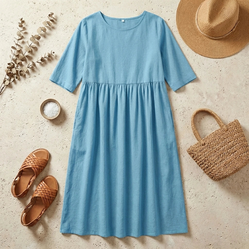 Luvia sky blue cotton linen midi dress in a flat-lay lifestyle setting with a straw hat and sandals.