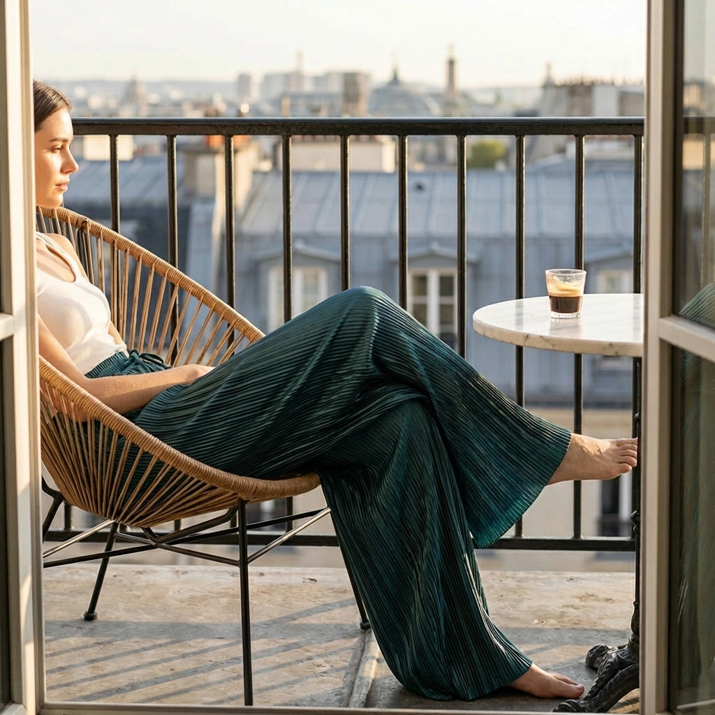 Luvia wide-leg pleated plisse trousers in deep peacock blue, worn by a woman sitting on a balcony with a city view.