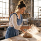 Luvina ruffled cotton pinafore apron in heritage blue worn by a woman baking bread in a rustic kitchen, showing cross-back design.