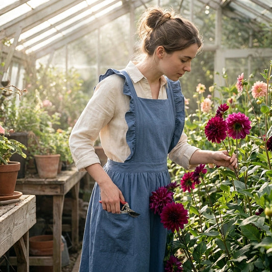 Luvina blue ruffled cotton pinafore apron worn by a woman pruning flowers in a sunlit greenhouse, showing the cross-back design and pockets.