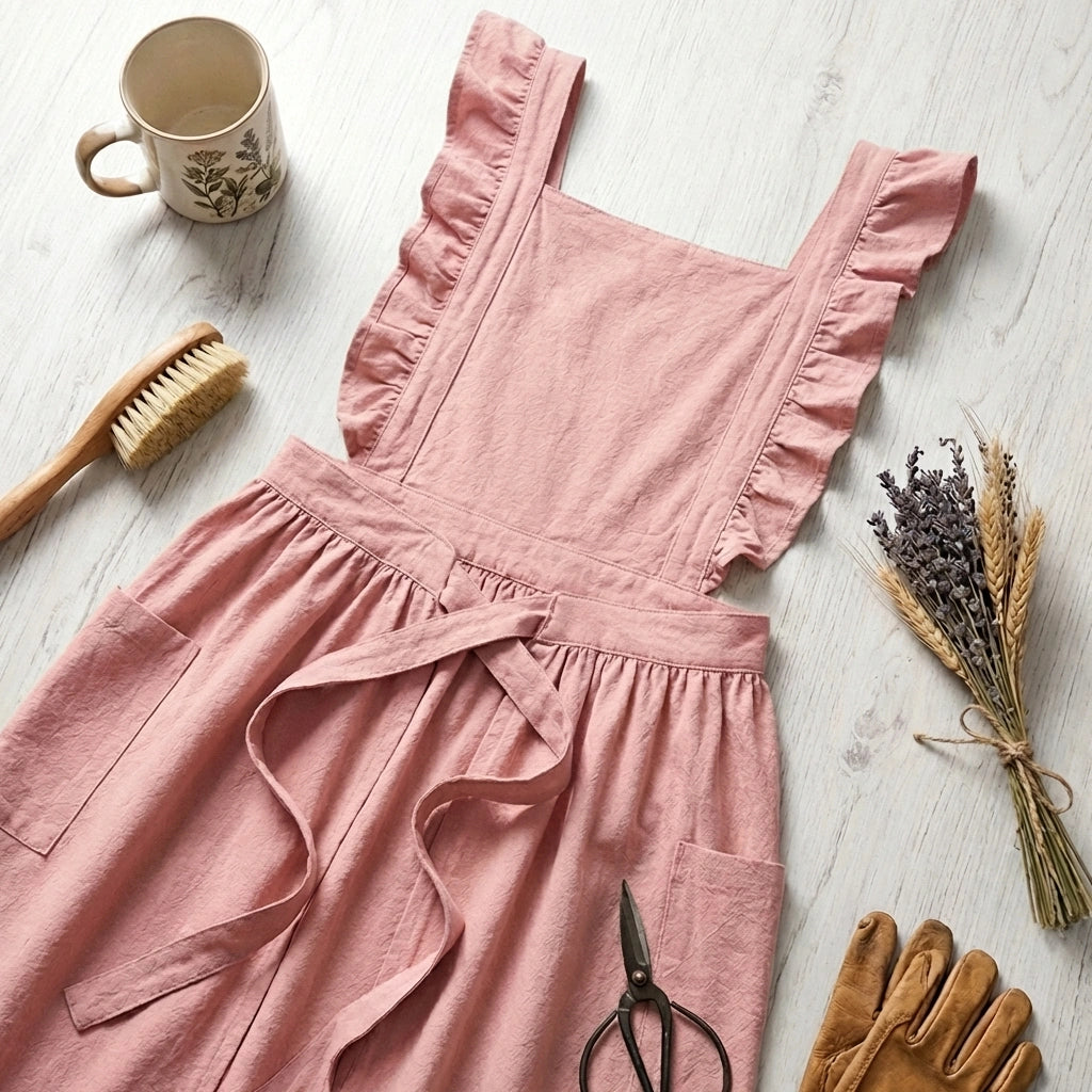 Luvina ruffled cotton pinafore apron in dusty rose, displayed in a flat-lay with dried flowers, scissors, and a ceramic mug.