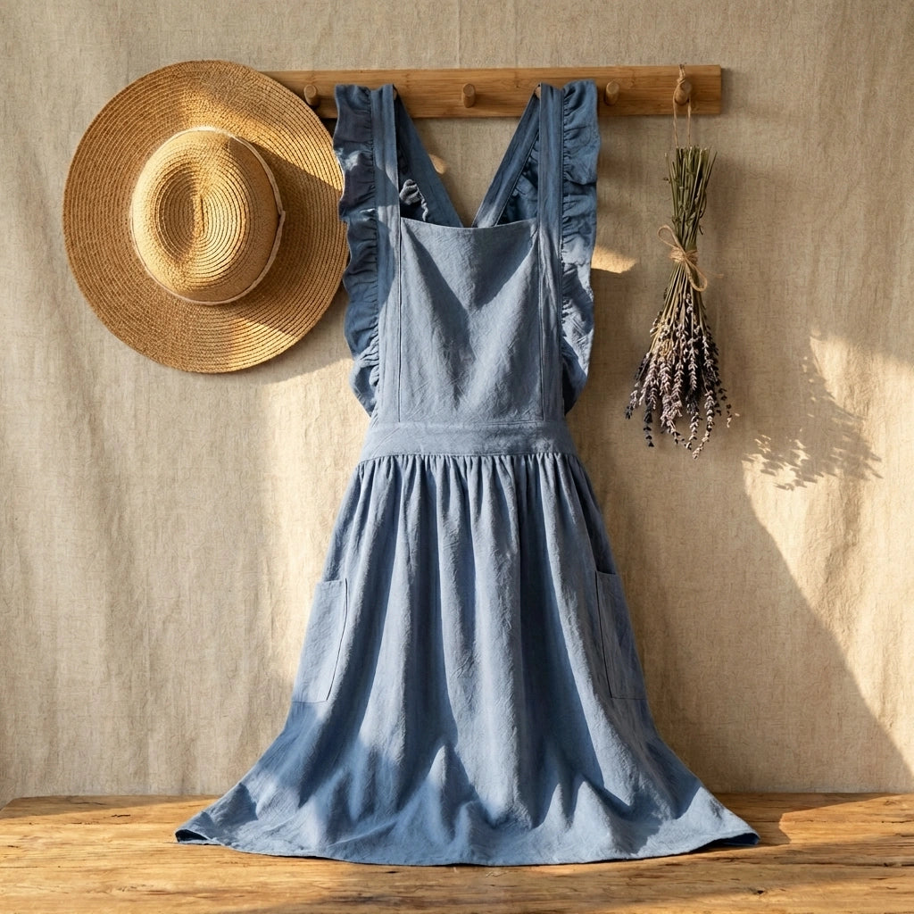 Luvina ruffled cotton pinafore apron in slate gray hanging on a wooden rack with a straw hat and dried lavender, cottagecore aesthetic.