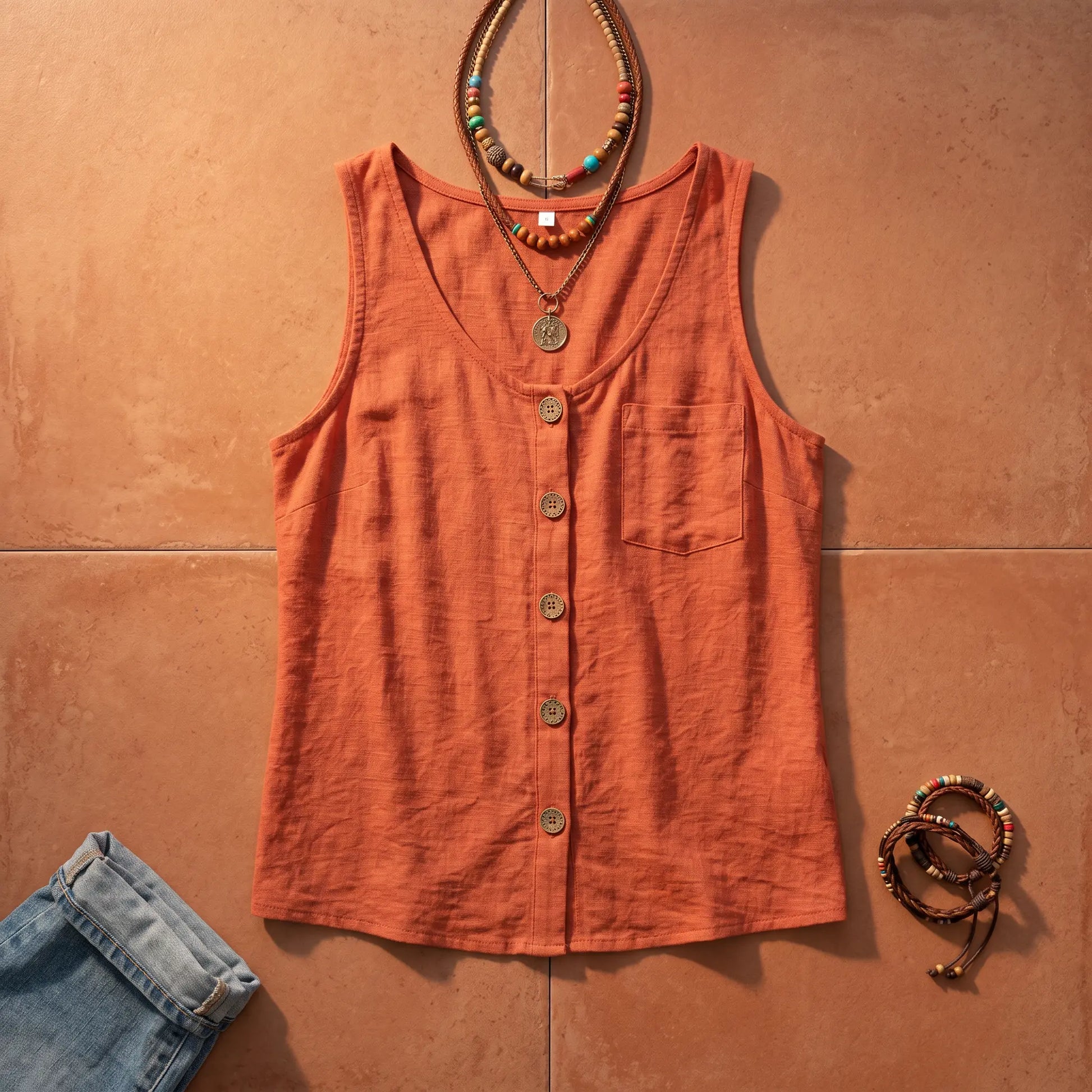 Makori women's coral textured sleeveless V-neck tank top with prominent faux-wood buttons and a chest pocket, artfully flat-laid with layered bohemian beaded necklaces and blue denim on a warm terracotta background.