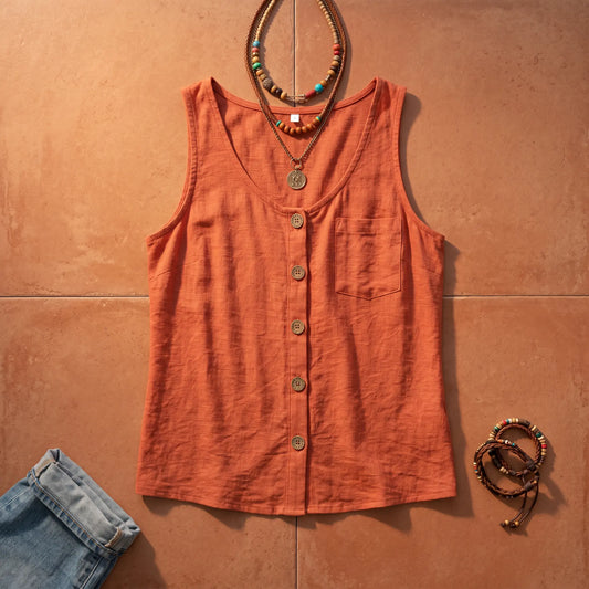 Makori women's coral textured sleeveless V-neck tank top with prominent faux-wood buttons and a chest pocket, artfully flat-laid with layered bohemian beaded necklaces and blue denim on a warm terracotta background.