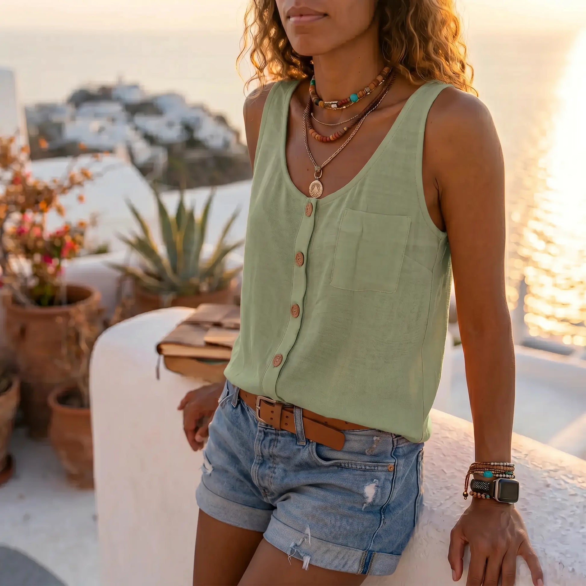 Makori sage green sleeveless V-neck tank, with textured fabric and faux-wood buttons, worn by a model in an elegant outdoor setting.