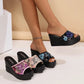 Mavriq sparkling sequin wedge sandals with an 8cm heel shown in multiple vibrant colors on a model's feet against a studio background.