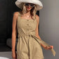 Mavrix women's oatmeal beige cotton belted wide-leg romper, featuring a square neckline, button-down front, and adjustable tie belt.