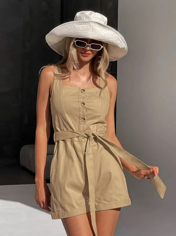 Mavrix women's oatmeal beige cotton belted wide-leg romper, featuring a square neckline, button-down front, and adjustable tie belt.