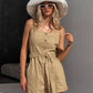 Mavrix women's oatmeal beige belted wide-leg romper with square neckline and button-down front, shown from the front on a model.