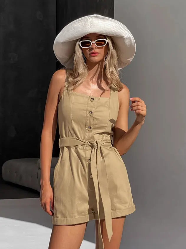 Mavrix women's oatmeal beige belted wide-leg romper with square neckline and button-down front, shown from the front on a model.