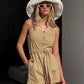 Mavrix women's oatmeal beige cotton belted wide-leg romper, featuring a square neckline, tank straps, and button-down front, styled with a large hat and sunglasses.