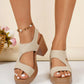 Mekari women's beige platform sandals with open toe, V-cut forefoot strap, and ribbed block heel, shown from the front with an anklet.