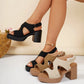 A collection of Mekari platform block heel sandals in black, tan, and beige suede-finish synthetic material, displayed with one black sandal worn by a model.