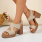 Women's Mekari platform sandals in tan suede-finish synthetic material with an open toe, V-cut forefoot strap, and a ribbed block heel, shown on model with adjustable hook-and-loop ankle strap.