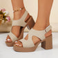 Mekari tan suede-finish platform sandals with an open toe, V-cut forefoot strap, and ribbed block heel, shown on models with hook-and-loop ankle straps.