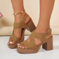 Mekari women's tan suede-finish platform sandals featuring an open toe, V-cut forefoot strap, ribbed block heel, and hook-and-loop ankle strap.