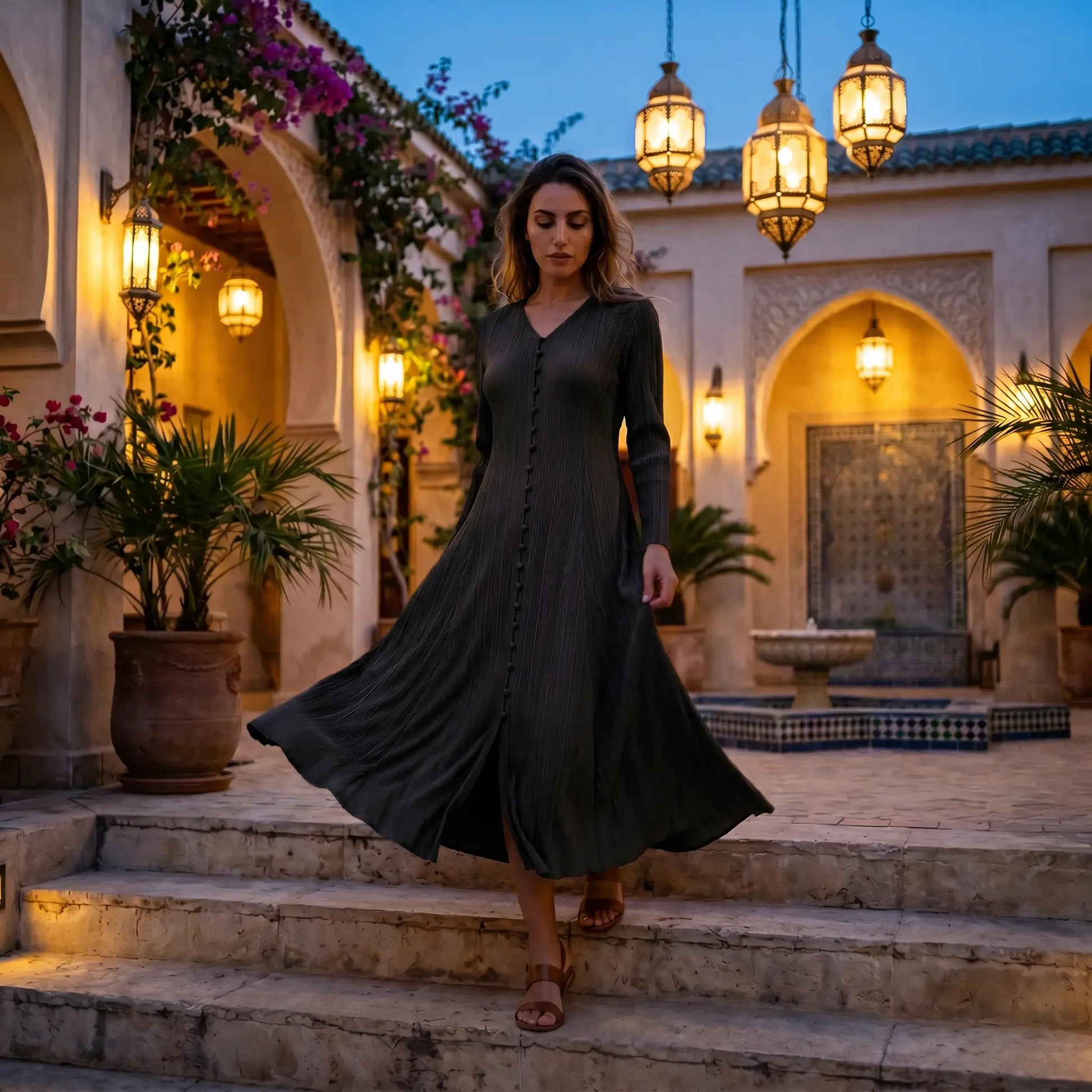 Model wears a Zethrin long-sleeve A-line pleated midi dress in Midnight Black, featuring a V-neck and front buttons, walking down illuminated steps in an opulent courtyard.